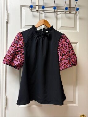 entro Black Blouse with Pink Patterned Puff Sleeves